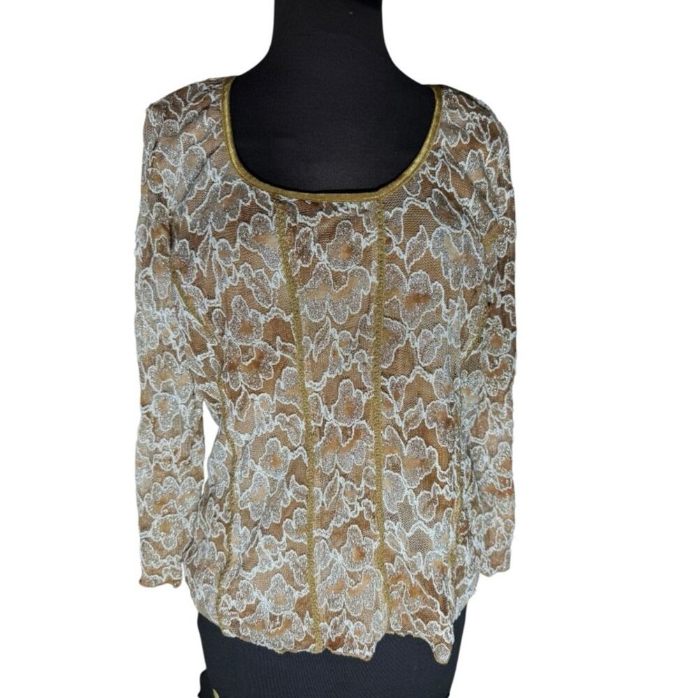Y2K Metallic Sheer Mesh Sleeve Fairy Stretch Top Womens Size XL Regency Romantic